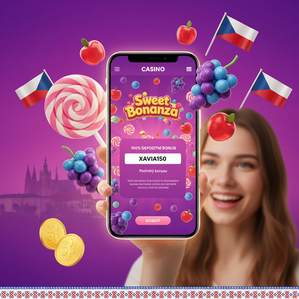 Sweet Bonanza welcome bonus claim screen at a Czech casino showing deposit amount, bonus match preview, and promo code field highlighted