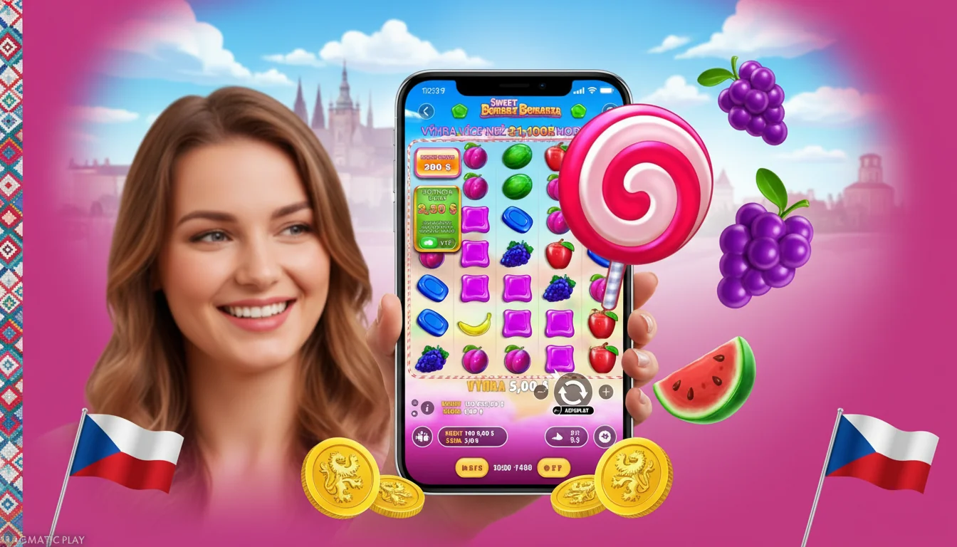 Sweet Bonanza gameplay view showing the 6x5 cluster grid mid-tumble with candies, fruits and a lollipop scatter visible