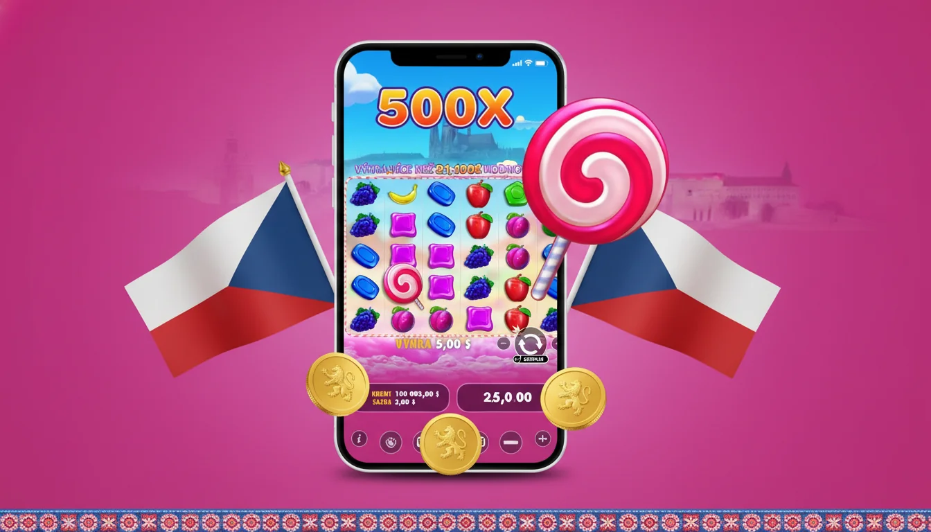 Sweet Bonanza loaded inside a Czech casino mobile app with cascading reels, bet panel at 4 Kč and tumble multiplier active